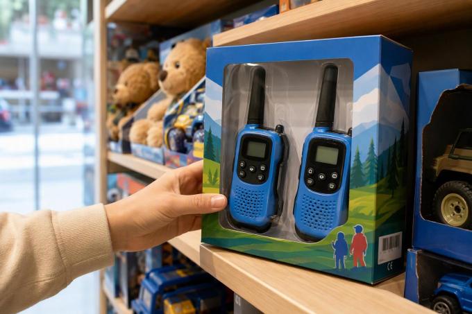 a retail-ready toy walkie-talkie package on a shelf or in a retail audit setting, showing the packaging compliance surface â age grading, warning text